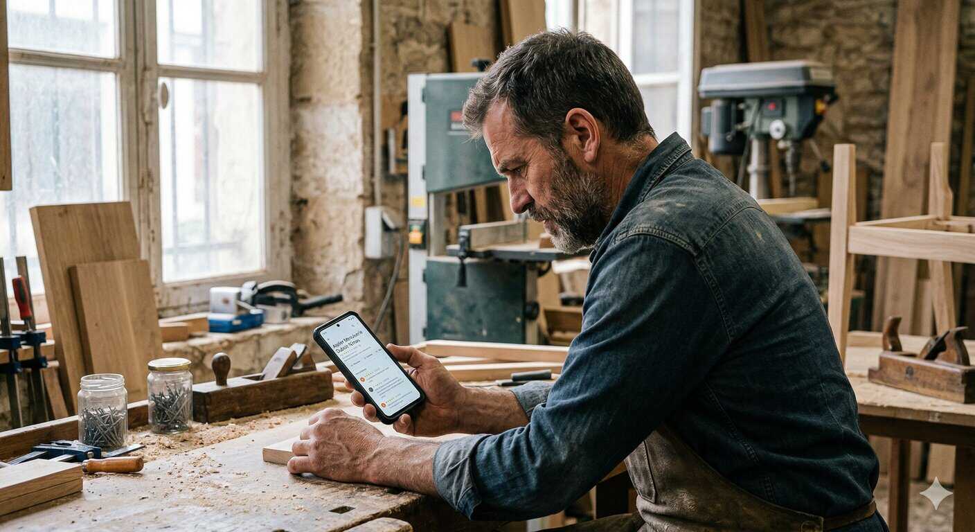 Commerçant consultant un avis négatif Google sur son smartphone avec impact sur la visibilité locale et les clients