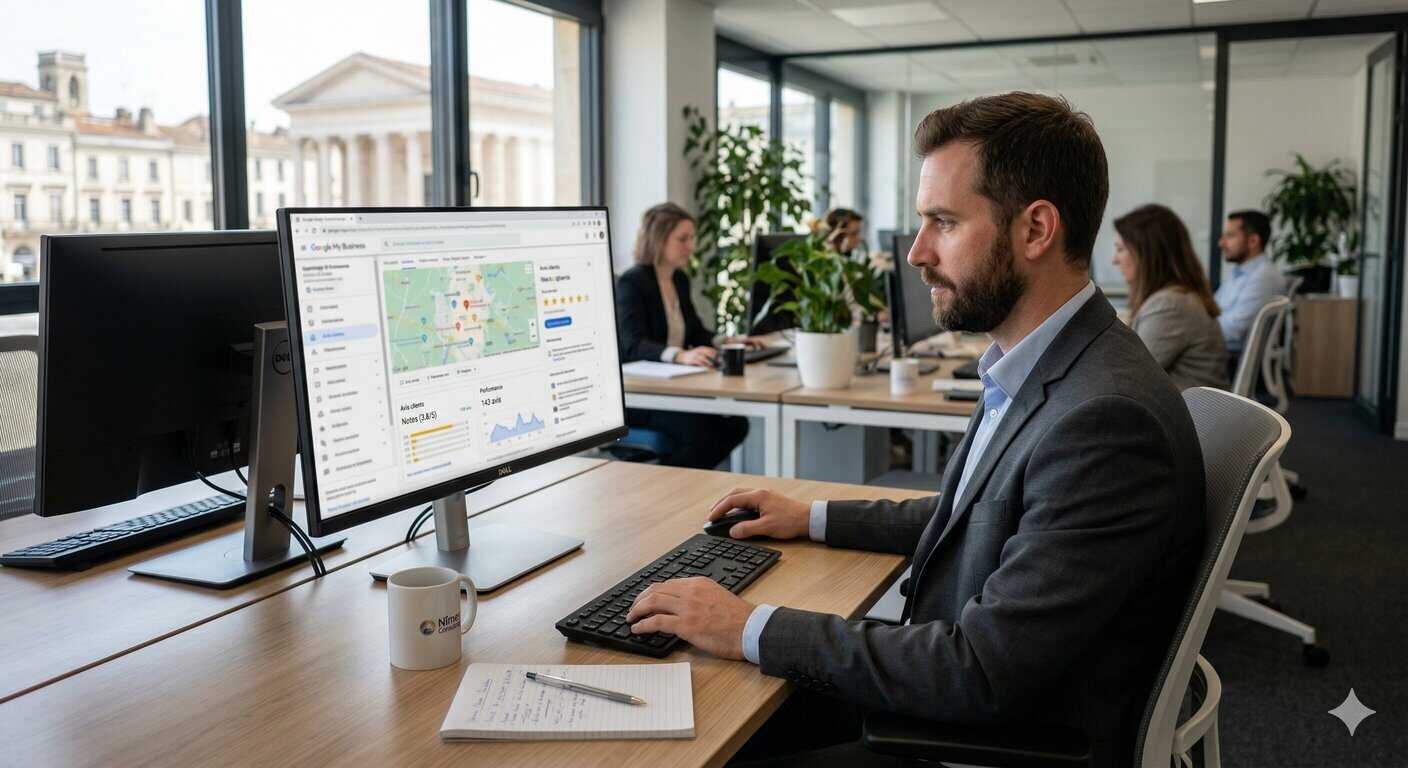 Consultant en référencement local analysant des avis Google et la réputation en ligne d’une entreprise sur ordinateur