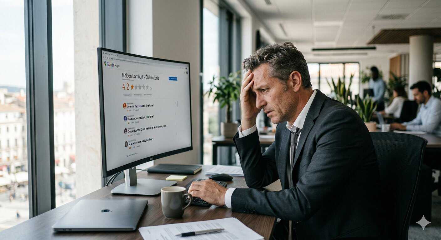 Dirigeant inquiet consultant des avis négatifs sur sa fiche Google Business et impact sur sa réputation en ligne