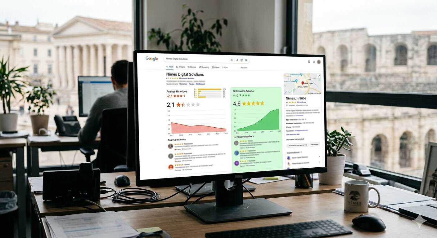 Évolution d’une fiche Google Business avec amélioration de la note et gestion des avis clients avant après optimisation