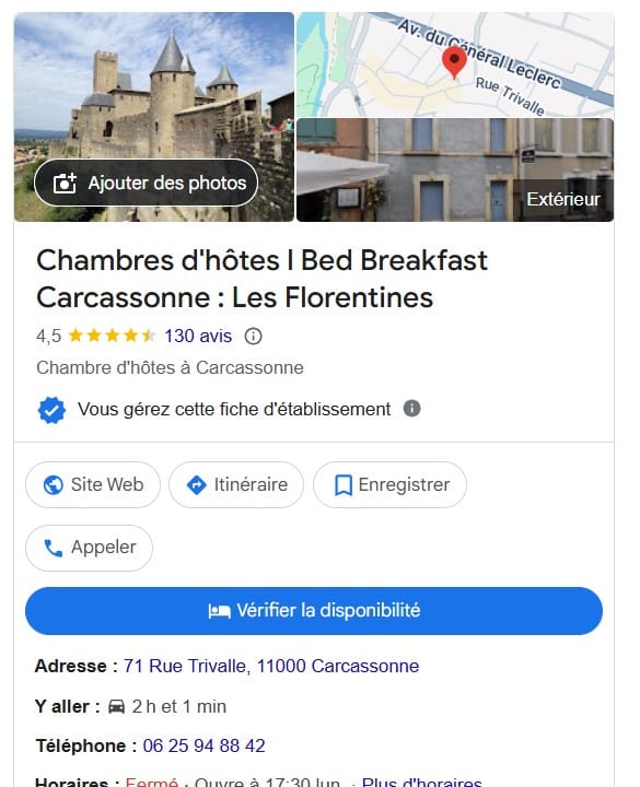 Etude de cas N°12 : Hôtel & Maison d'hôtes Les Florentines à Carcasonne - Agence SEO Avis client