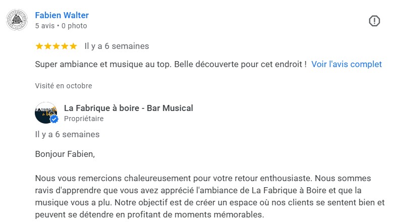 Etude de cas Client N°19 - Bar musical avec la gestion des avis clients