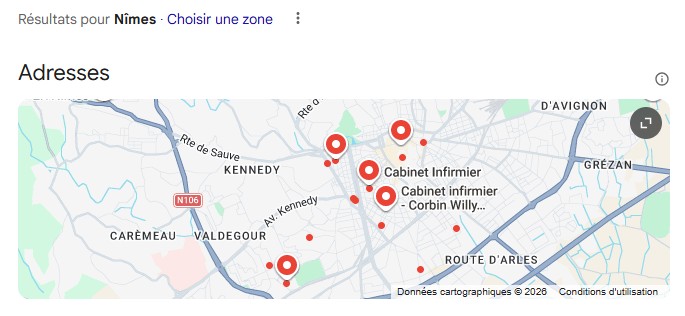 Carte Google Maps sur la reqûete infirmier Nîmes