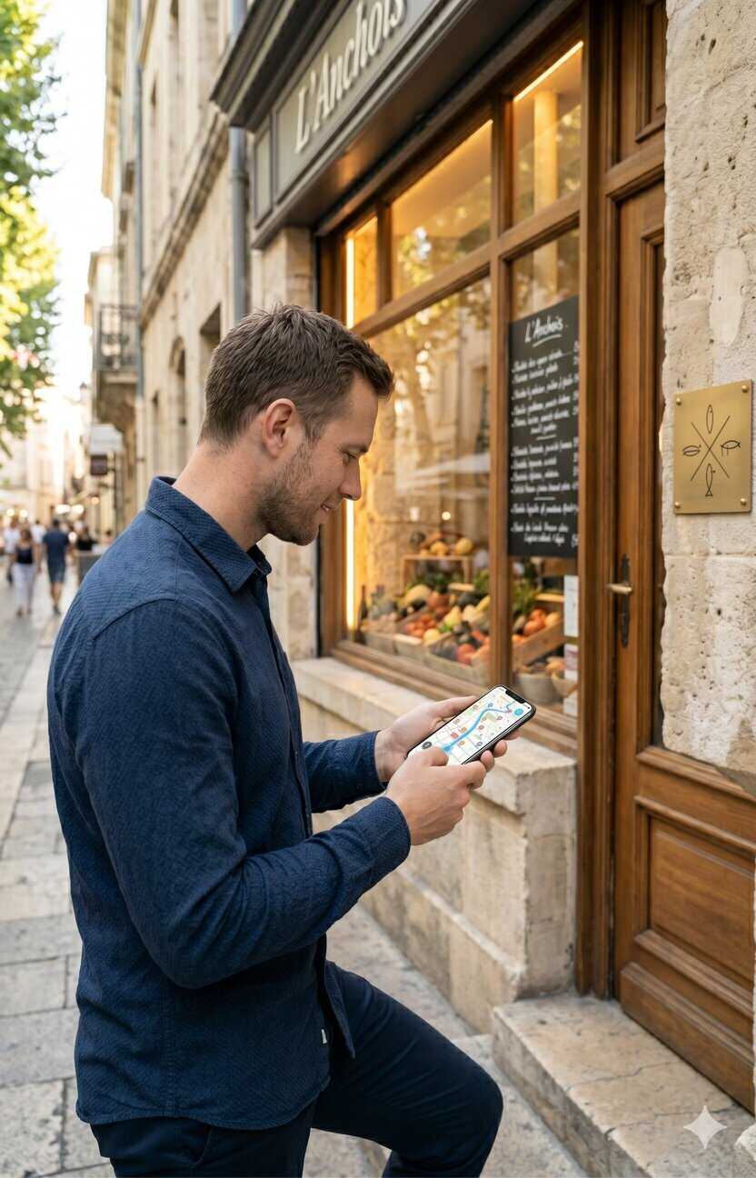 arrivée devant un commerce après navigation GPS sur smartphone