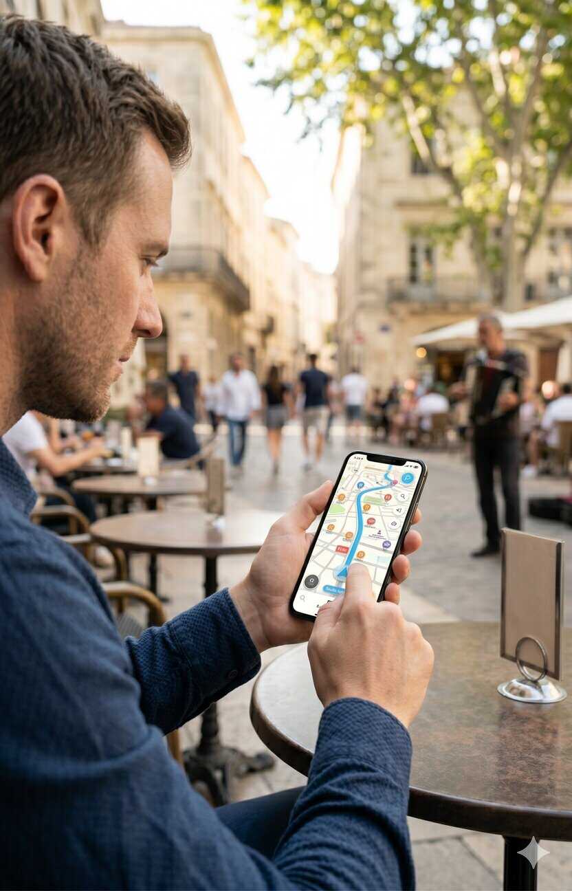 personne consultant une application de navigation pour choisir un commerce proche