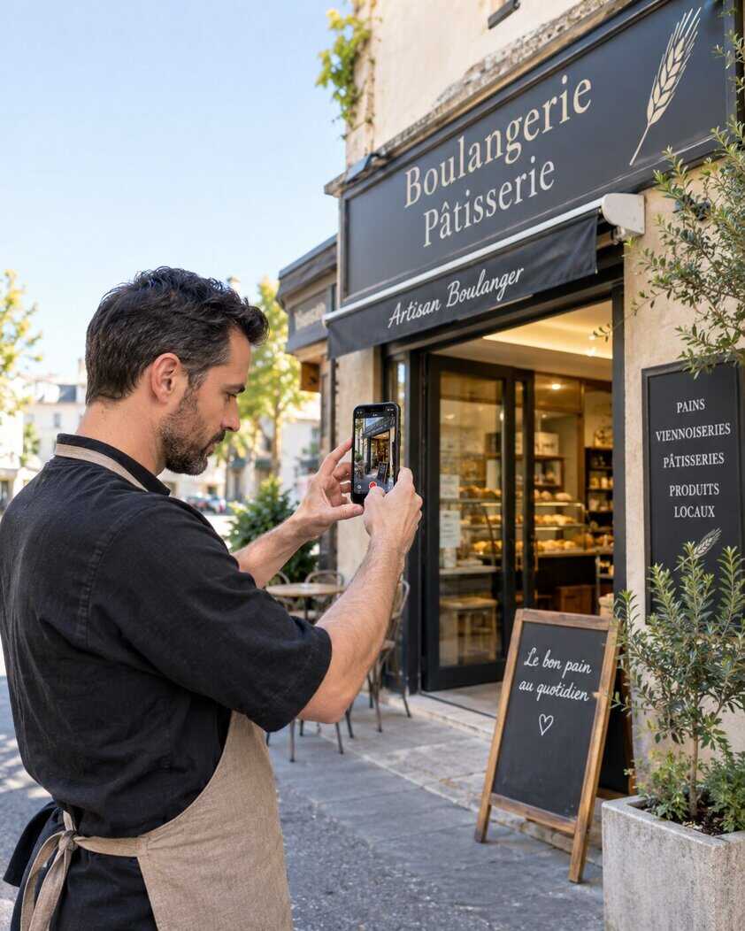 Vérification vidéo Google Business Profile devant un établissement professionnel
