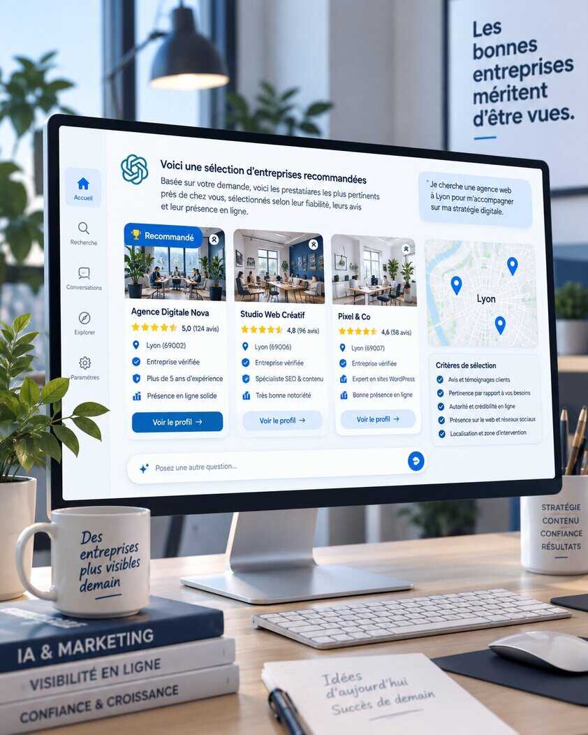 Illustration montrant comment ChatGPT analyse et recommande une entreprise à partir de signaux de confiance