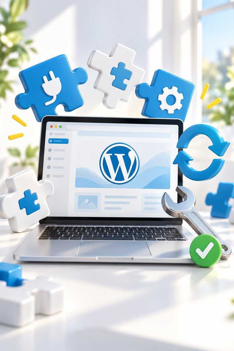 Ordinateur affichant WordPress, entouré de pièces de puzzle, d’une clé et de flèches symbolisant les mises à jour.