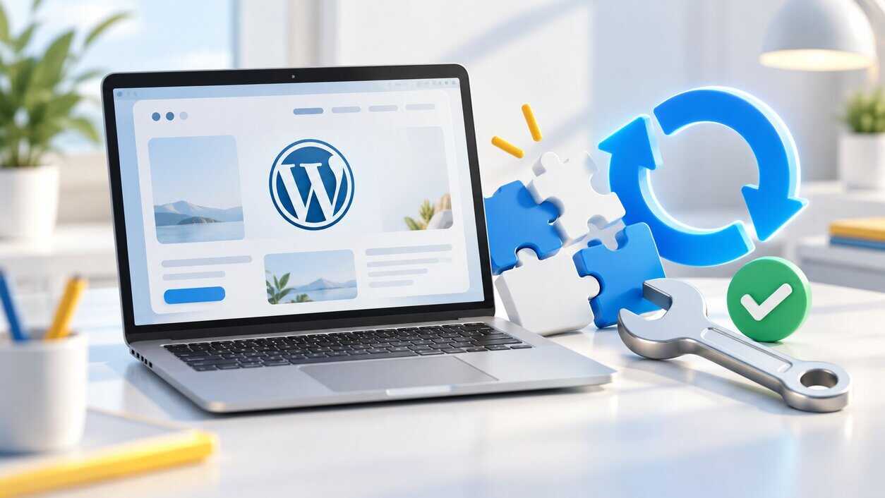 Illustration de la maintenance WordPress avec un ordinateur, des extensions représentées par un puzzle et une flèche de mise à jour.