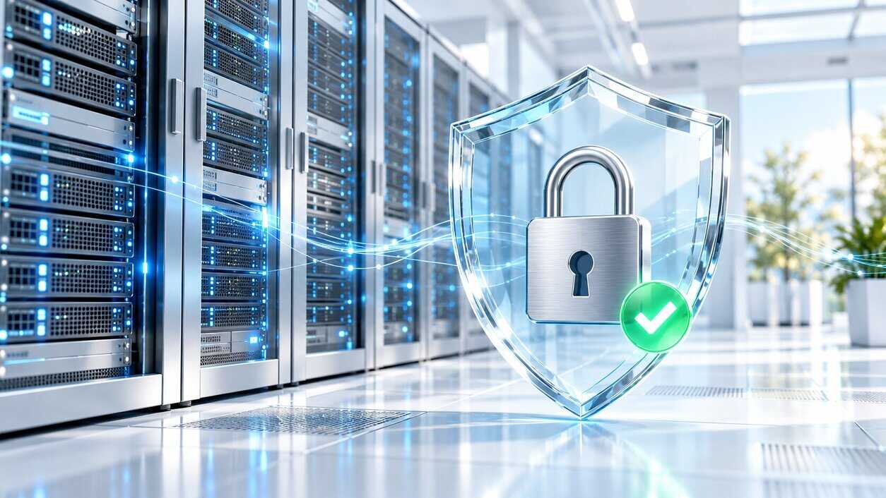 Serveurs web protégés par un bouclier et un cadenas illustrant la sécurisation de l’hébergement après les failles PHP