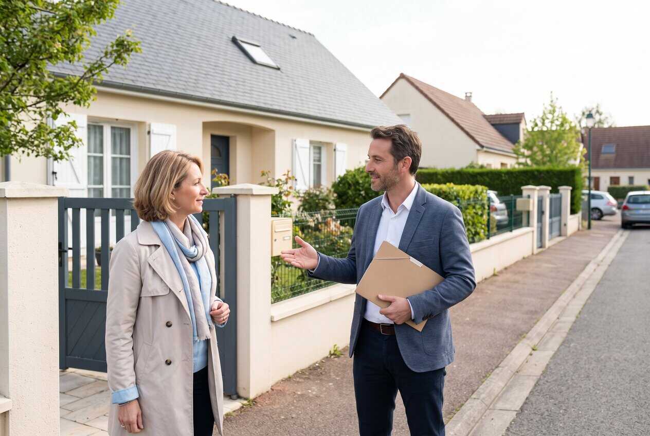 Rendez-vous d’estimation entre un professionnel de l’immobilier et des propriétaires.
