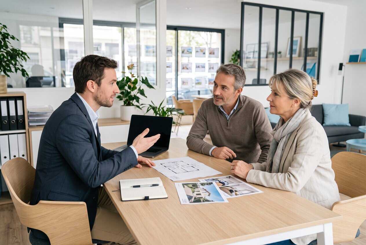 Conseiller immobilier échangeant avec une propriétaire devant une maison.