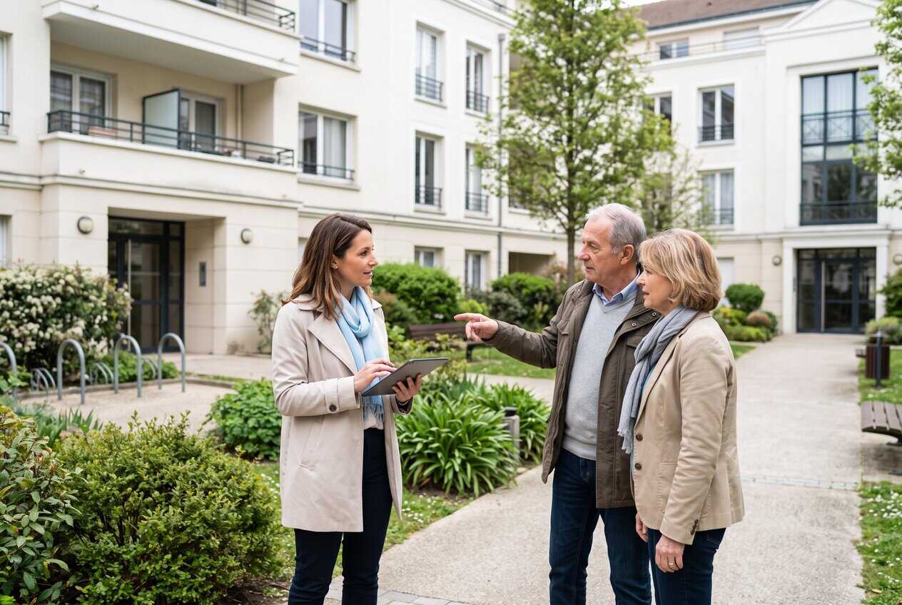 Échange entre une gestionnaire de copropriété et des copropriétaires dans une résidence.